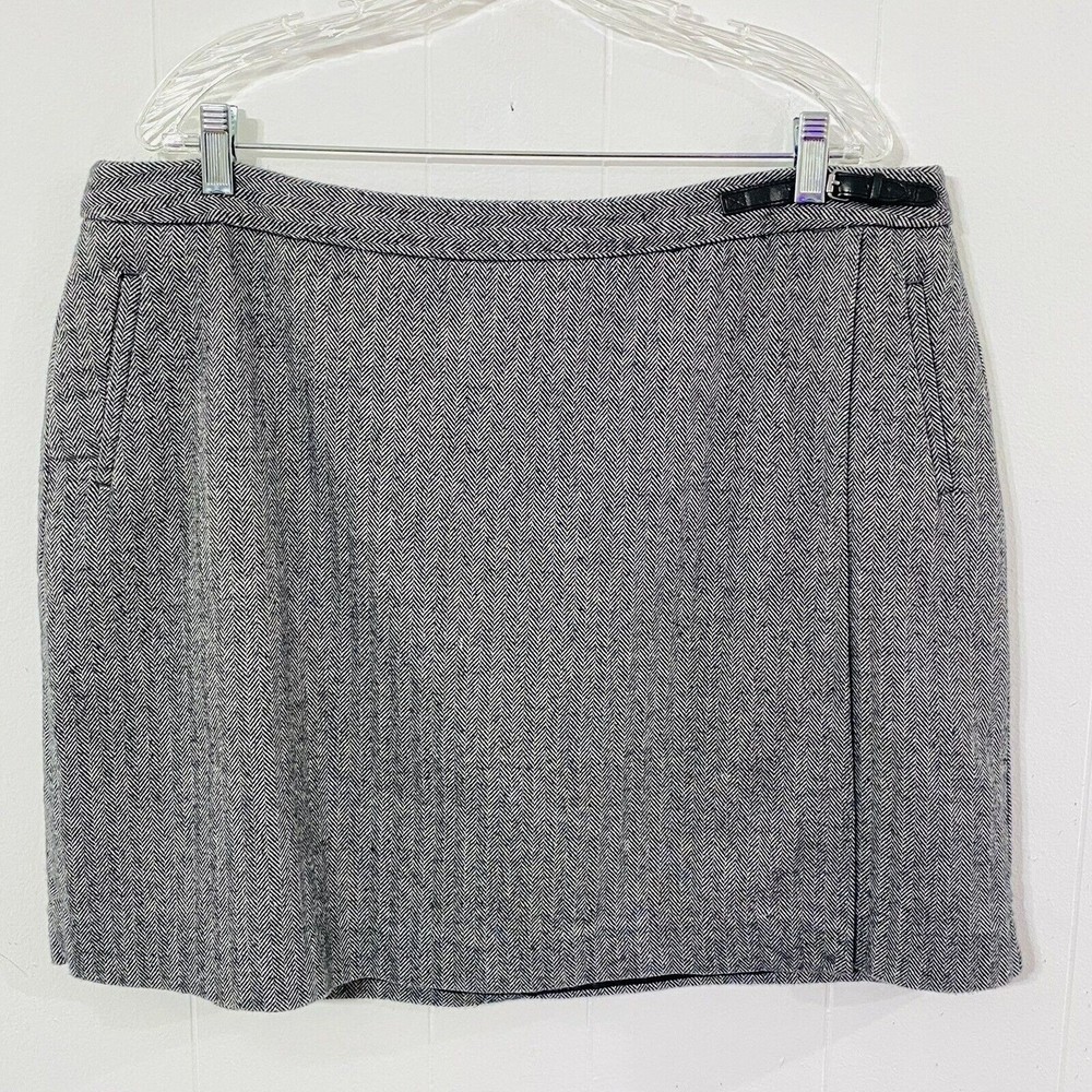 LL Bean Classic Fit 20P 20 Petite HERRINGBONE Gray Faux Wrap Mini Skirt Cotton